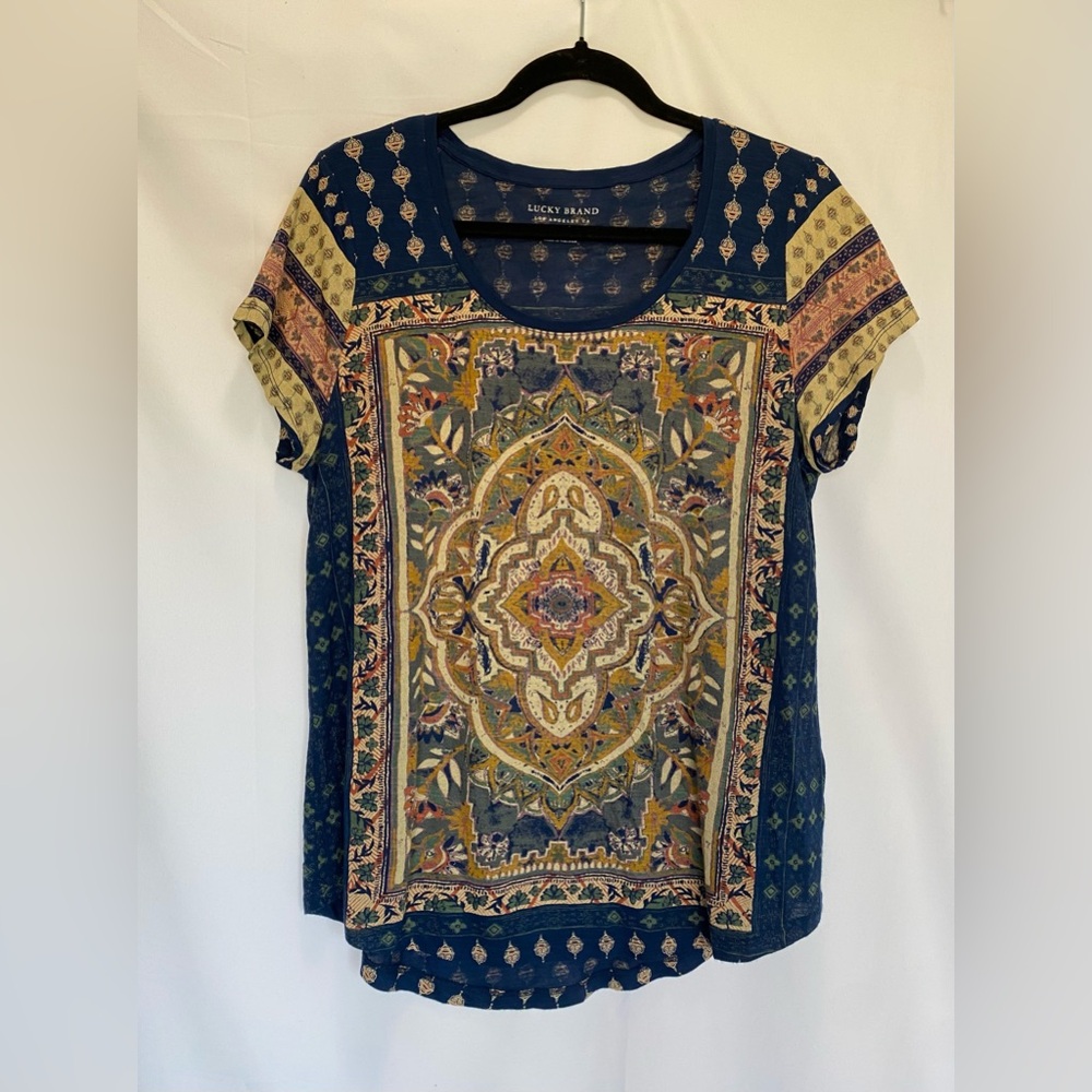 Lucky Brand Women's Blue and Yellow Patterned Tee boho size L streth